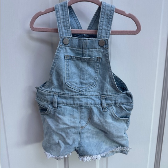 NWOT Children’s Place 9-12M Blue Jean Overalls Girls with Floral Frills - Picture 1 of 6